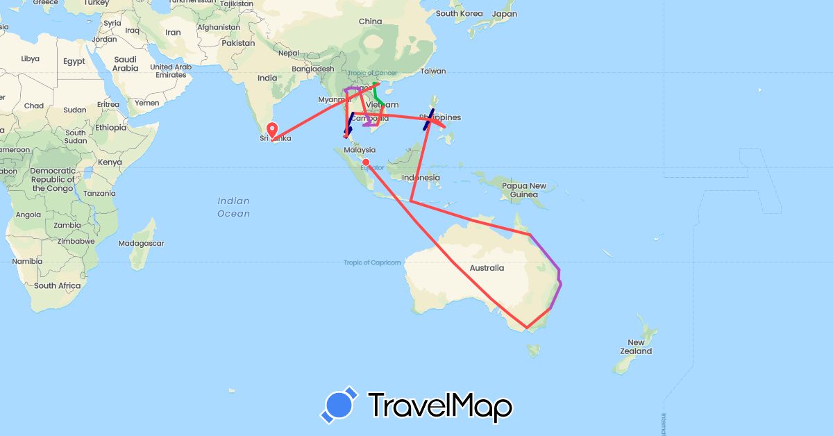 TravelMap itinerary: driving, bus, train, hiking in Australia, Indonesia, Cambodia, Laos, Sri Lanka, Philippines, Singapore, Thailand, Vietnam (Asia, Oceania)